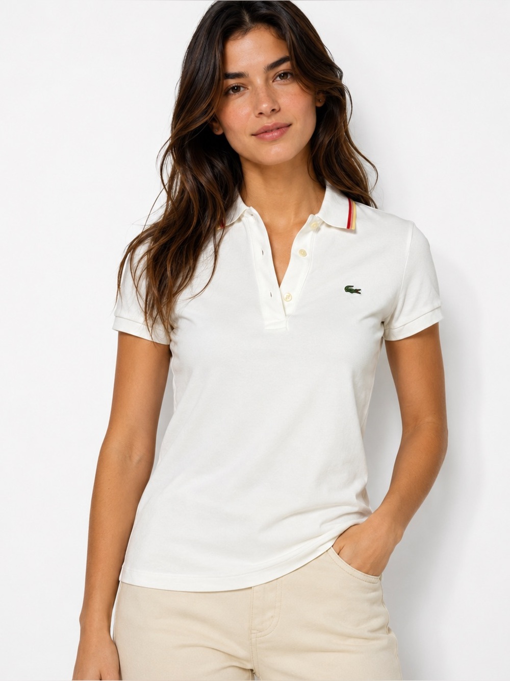 NWOT Preppy Lacoste White Short Sleeve Polo with Red & Yellow Collar | Size 32